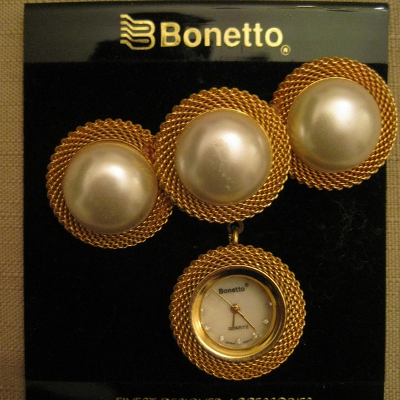 BONETTO Watch PEARLS Gold Tone Mesh Brooch Japan - Picture 1 of 8